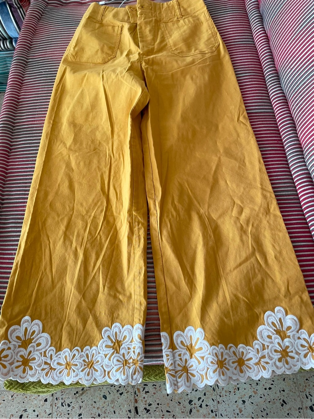 Maeve Yellow Wide-Leg Embroidered Hem Pants - Picture 4 of 5